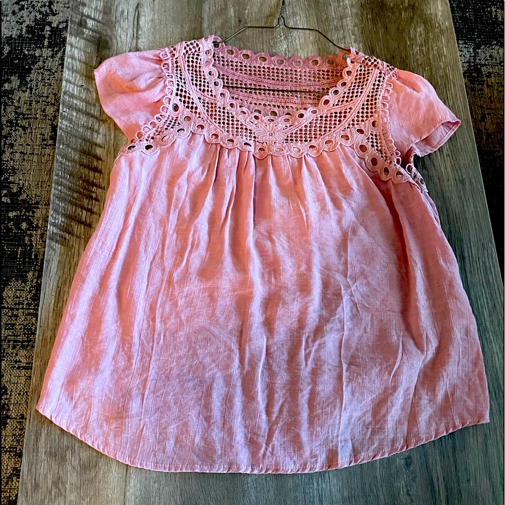 MINE large pink shirt. Crocheted top. Button on back